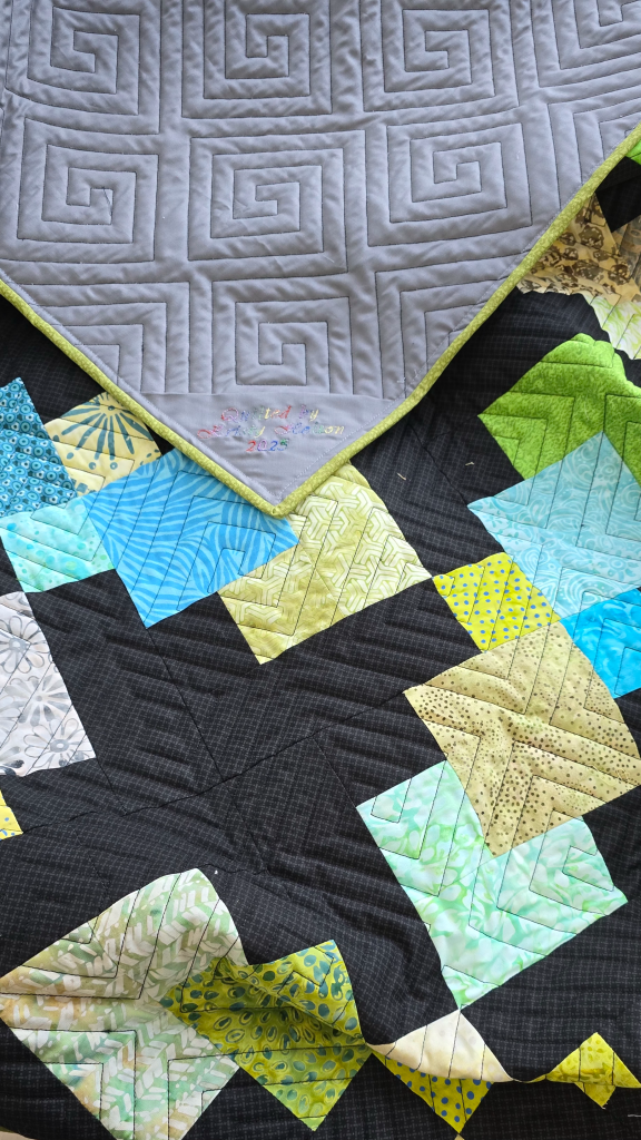 20250225_085931.webp Close-up of diagonal machine quilting on green and blue quilt with black thread.